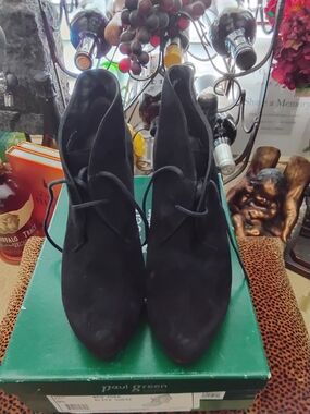 Paul Green Black Suede Lace-Up Pointed-Toe Ankle Boots